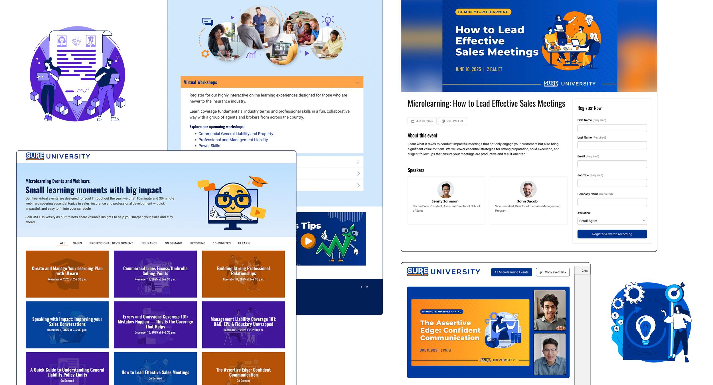 Collage of microlearning webinar pages, event tiles, registration forms, and illustrated learning graphics promoting professional development sessions.
