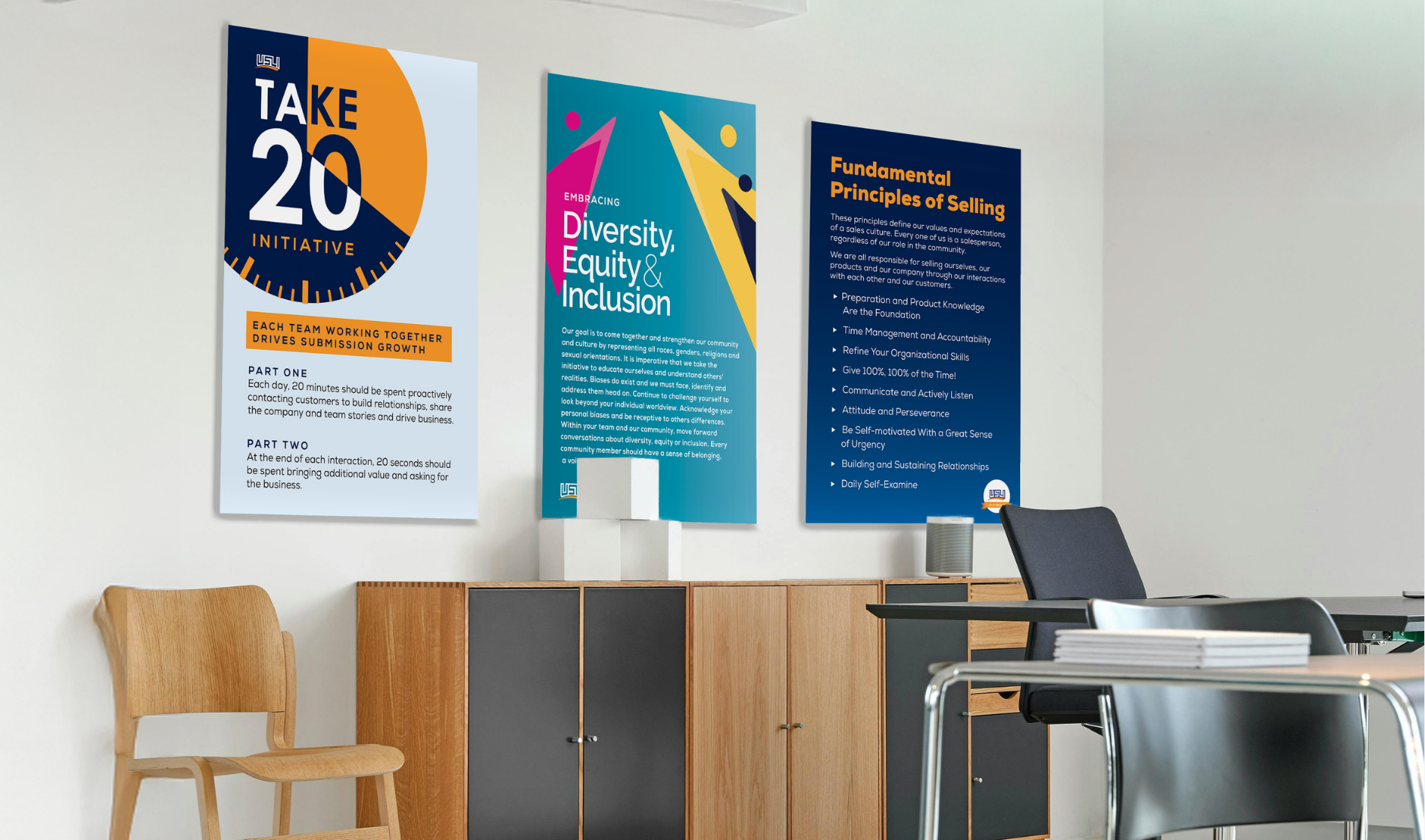 Three educational posters mounted in a modern office setting, including Take 20, Diversity Equity & Inclusion, and Fundamental Principles of Selling.