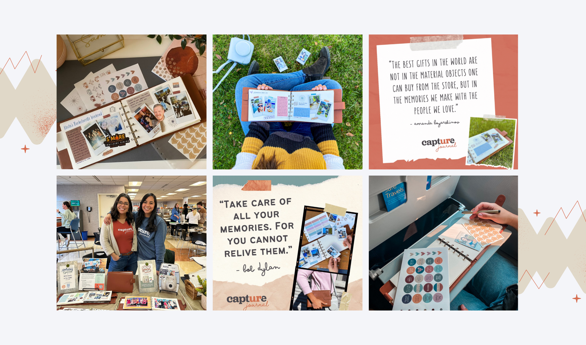 Collage of Capture Journal social media post featuring lifestyle photos, craft pages, event table display, quotes, and scrapbooking in use.