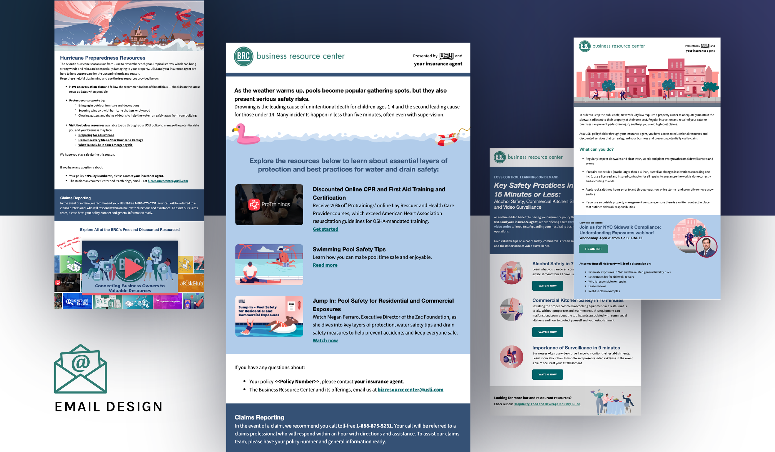 Collection of Business Resource Center email designs promoting safety resources, training, and seasonal risk content.