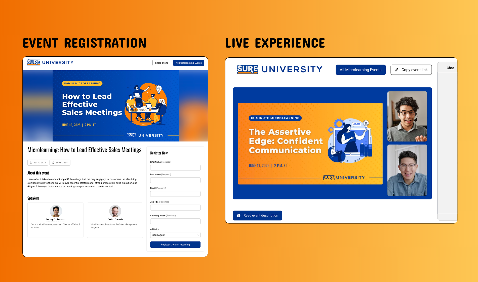 Event registration webpage and live webinar interface mockups for USLI University Microlearning, featuring bright orange and blue branding with illustrated character graphics and photos of webinar speakers.