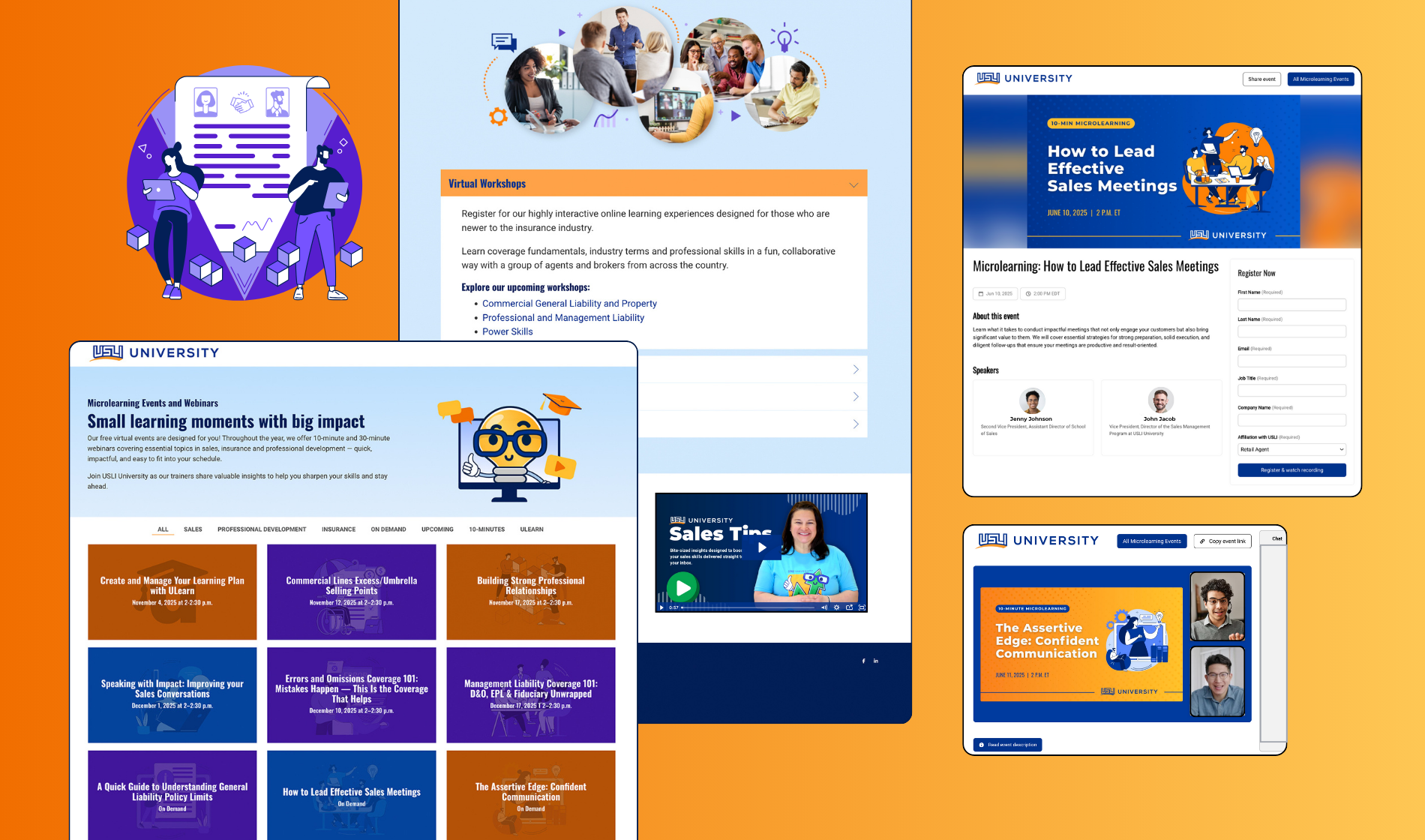Collage of online university course pages and webinars, featuring titles on sales meetings, communication, and professional development, with images of instructors and virtual workshop graphics, all branded with USU University logo.