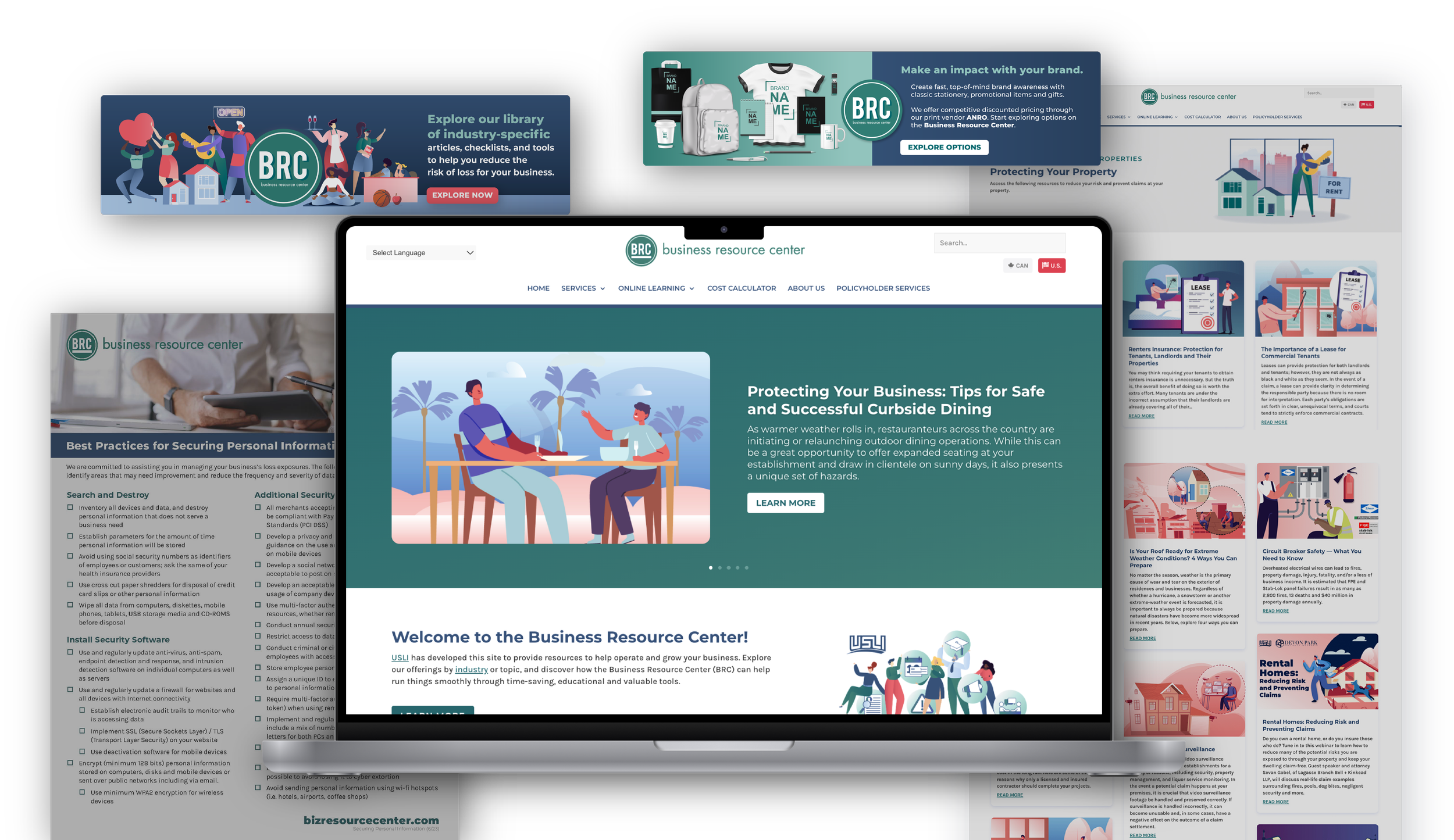 Business Resource Center website hero graphics and promotional banners displayed across multiple screens.
