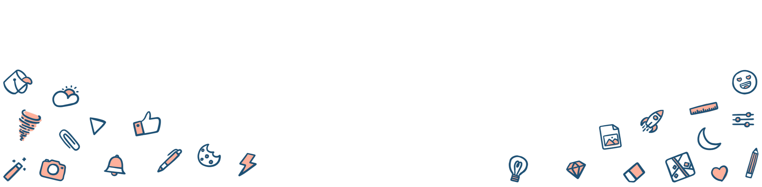 Decorative digital border with icons of a camera, heart, thumbs up, light bulb, rocket, moon, pencil, and other symbols.