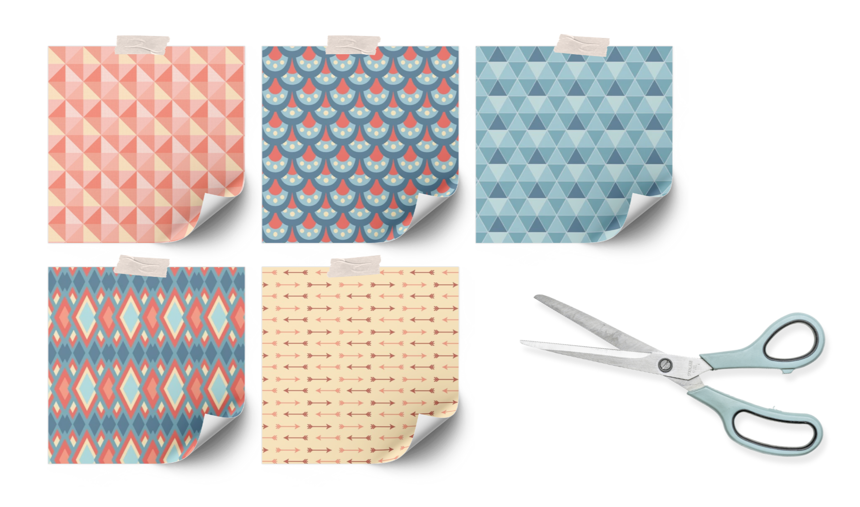 Five patterned papers taped at the top with geometric and arrow designs beside mint-handled scissors.