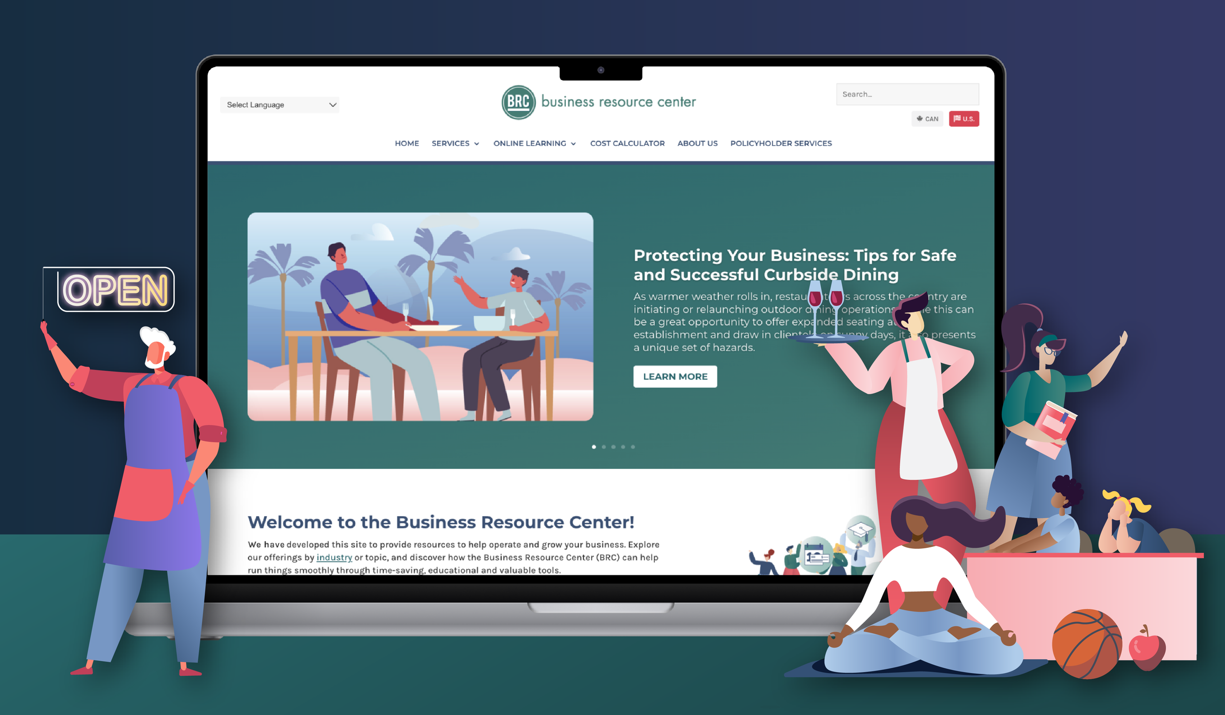 Digital illustration of a laptop displaying a business resource center website. The scene includes diverse characters: a person holding an 'Open' sign, a woman with a book, a woman doing yoga with a basketball and apple nearby, and a waitress serving wine, all set against a social media style background.