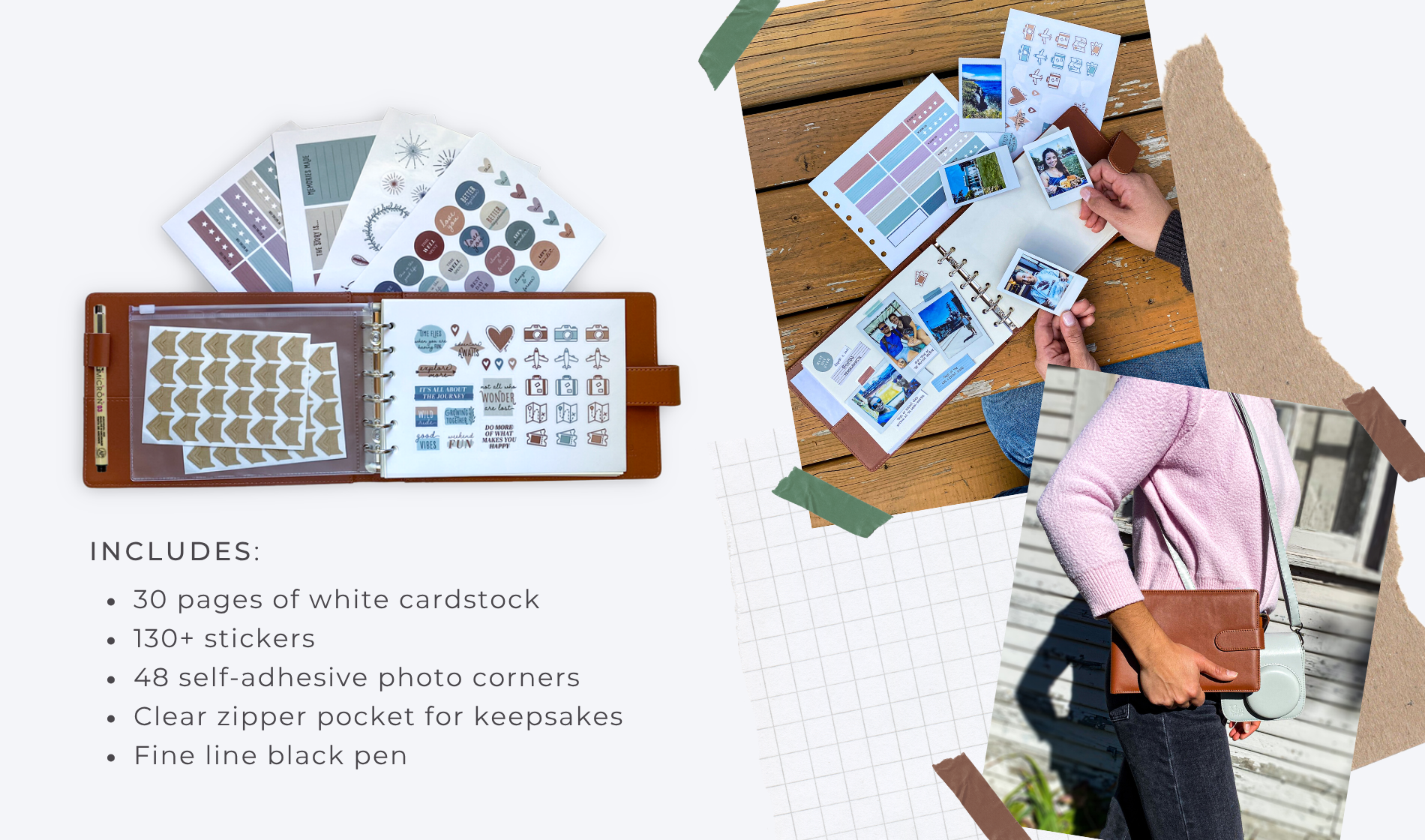 Capture Journal open binder with sticker sheets, photo corners, and kit contents, displayed with list of included items.