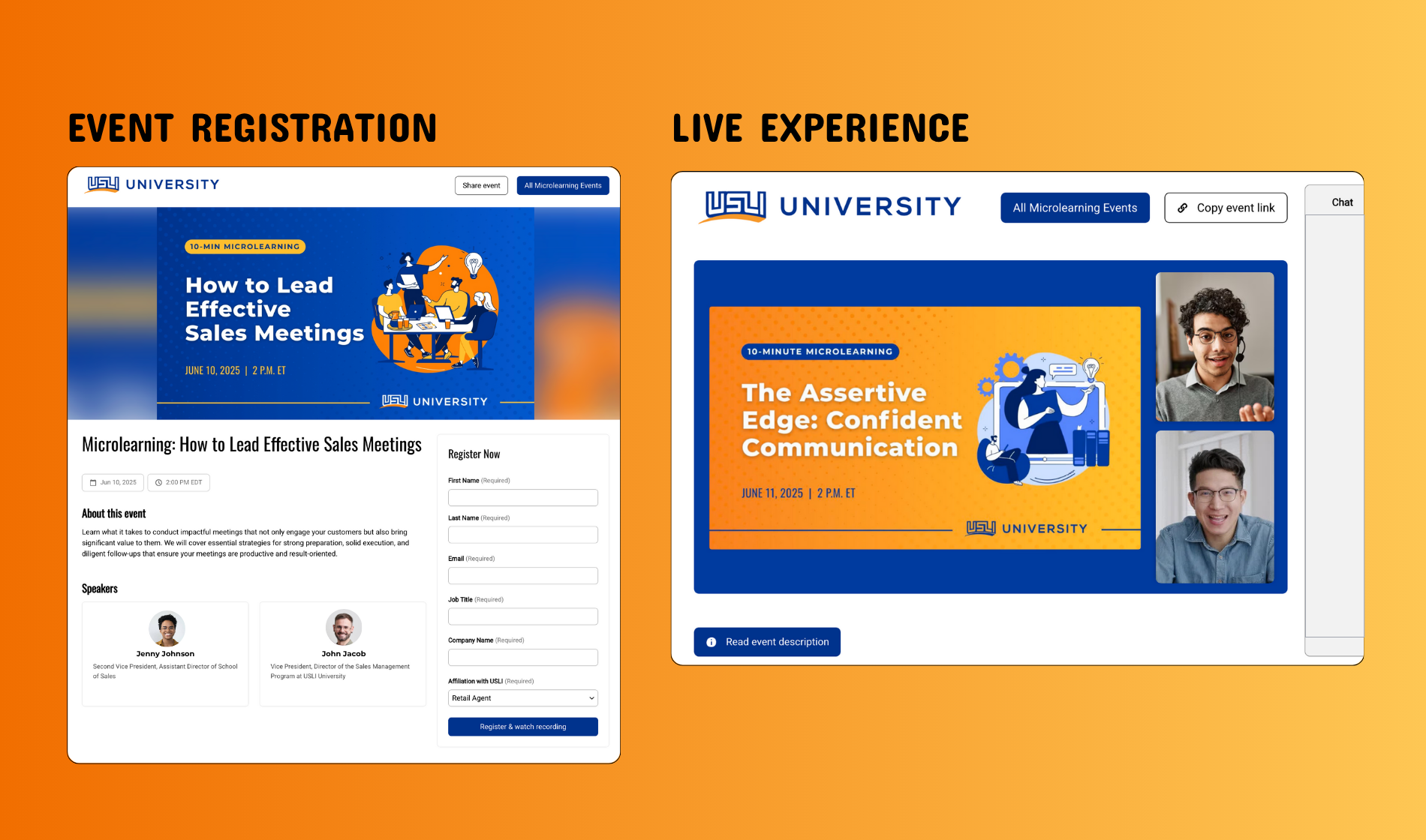 Event registration webpage and live webinar interface mockups for USLI University Microlearning, featuring bright orange and blue branding with illustrated character graphics and photos of webinar speakers.