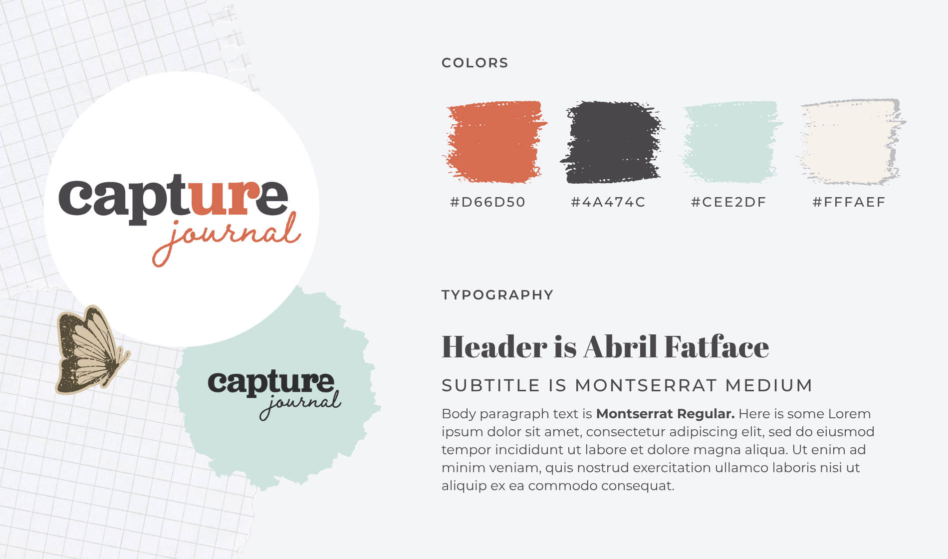 apture Journal brand board with logo, color swatches, typography examples, and a butterfly graphic.