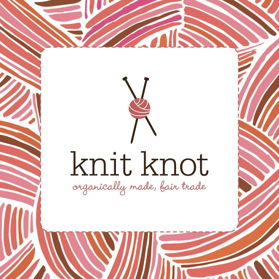 Knit Knot logo with hand-drawn pink and orange yarn pattern framing the center. Minimal illustration of knitting needles with yarn above the words "organically made, fair trade.”