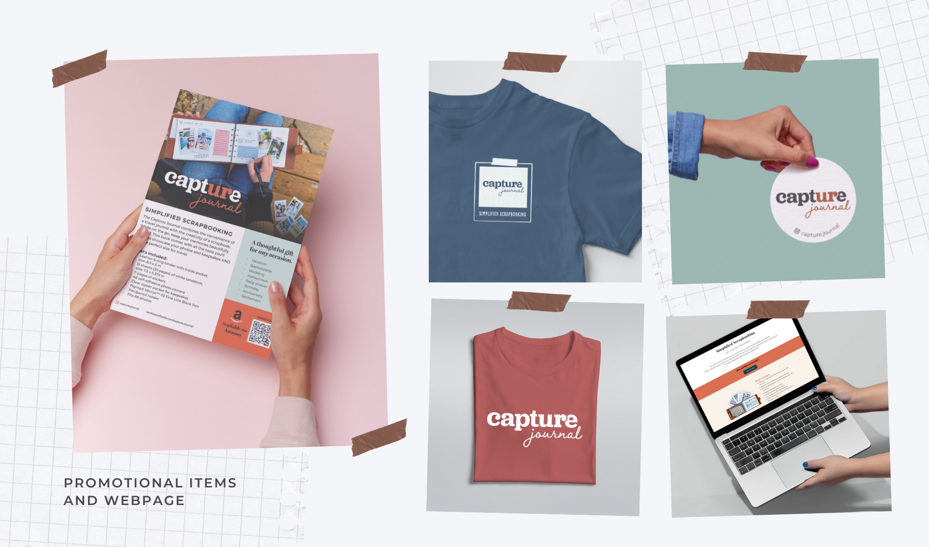 Capture Journal promotional items including flyer, t-shirts, sticker, and website shown in mockup layout.