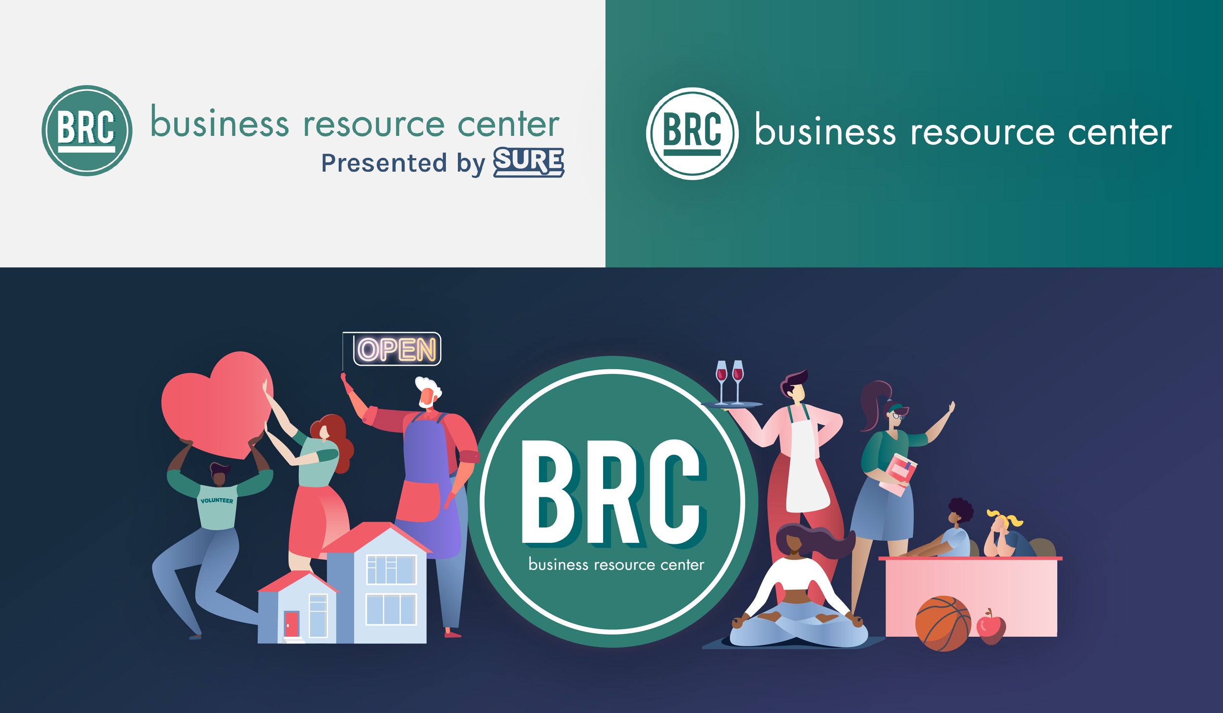 Business Resource Center logo variations shown in teal and white with SURE co-branding.