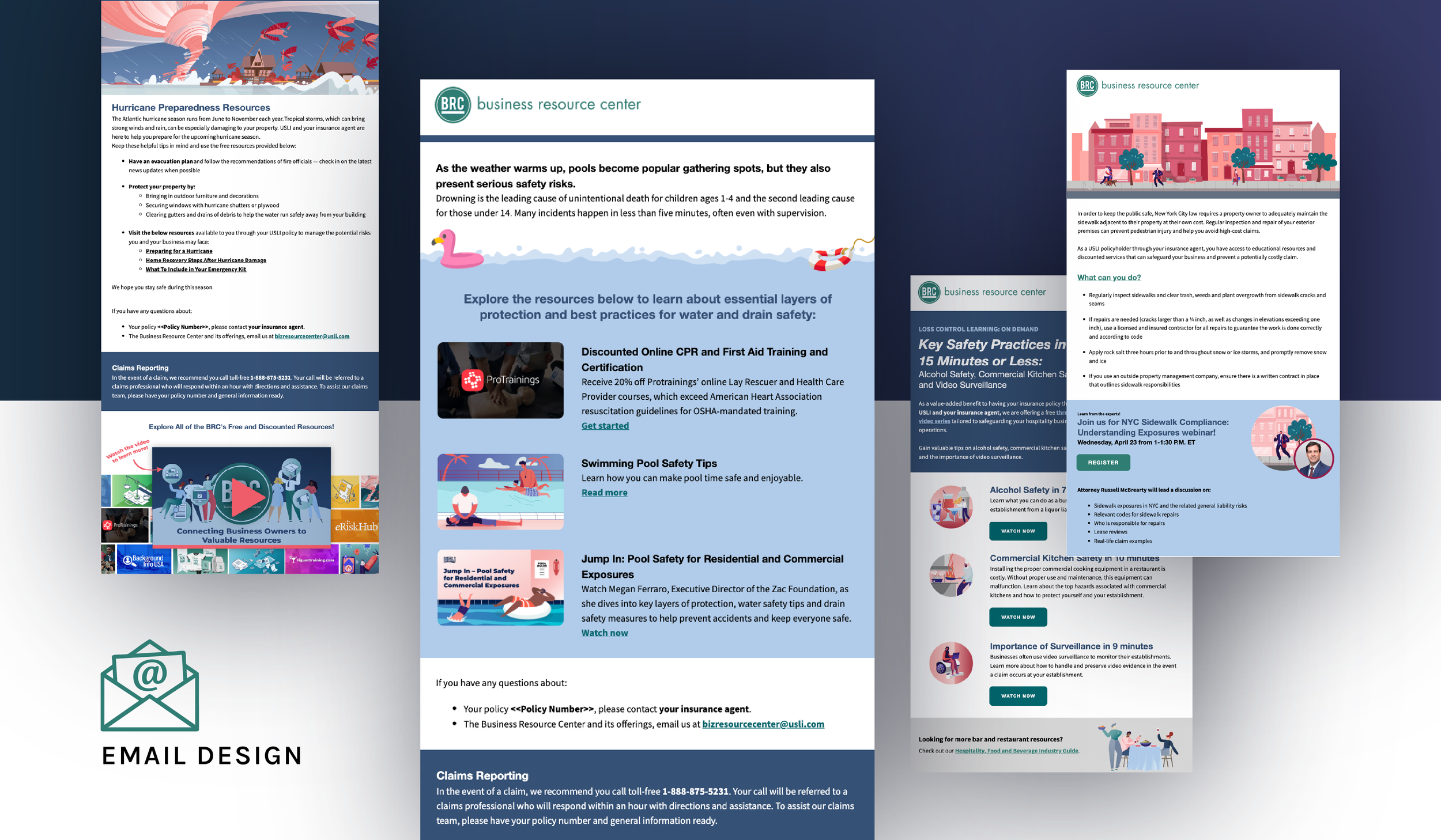 ollection of Business Resource Center email designs promoting safety resources, training, and seasonal risk content.