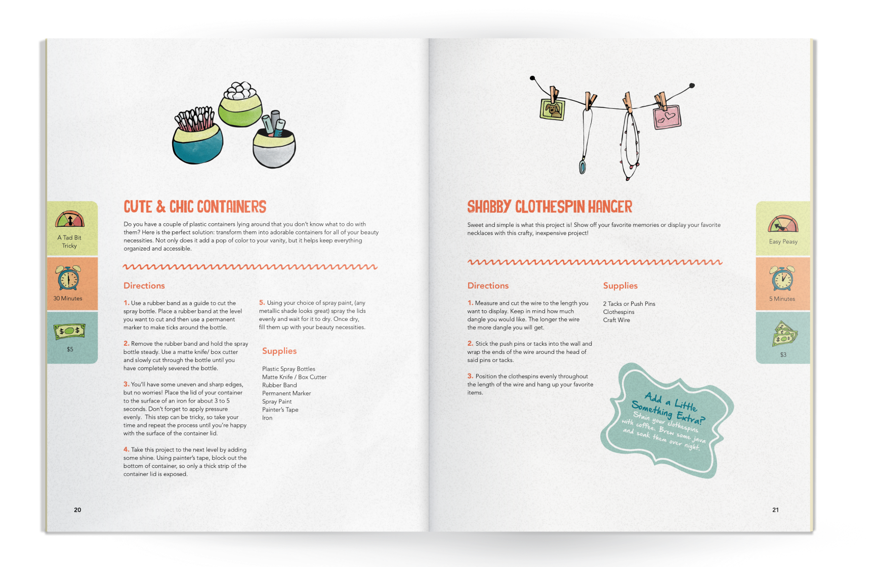 Container and clothespin hanger projects page spread 