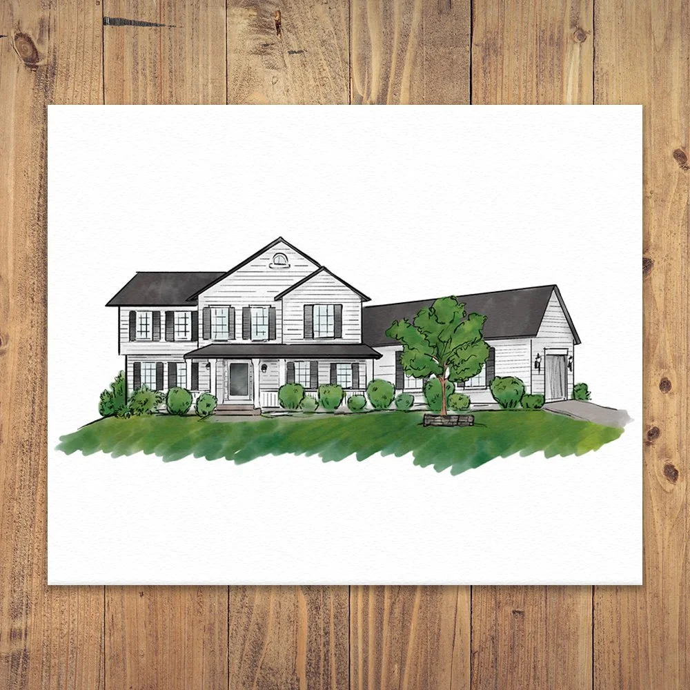 Hand-drawn illustration of a two-story white house with black shutters, shrubs along the front, a large tree on the right, and green grass, displayed on a wooden background.