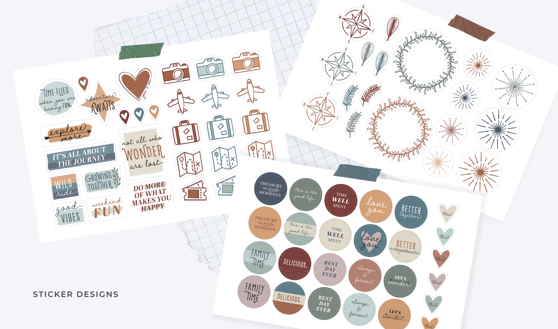 Capture Journal sticker sheet designs featuring icons, travel graphics, wreaths, phrases, and circular stickers.