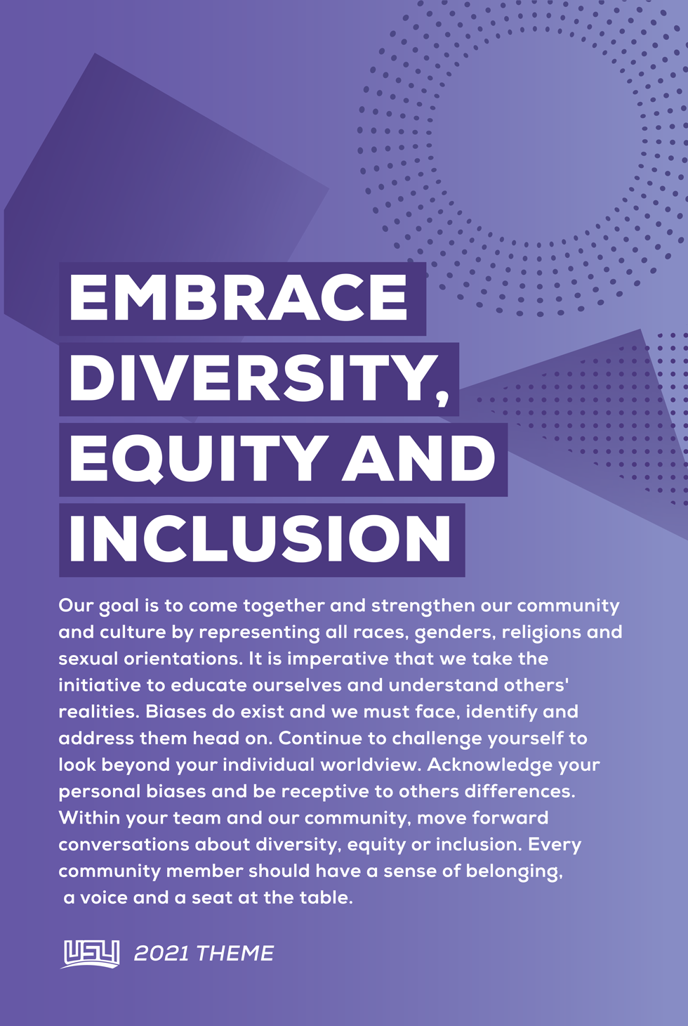 Graphic with purple background containing text about embracing diversity, equity, and inclusion, with additional paragraph and a 2021 theme logo
