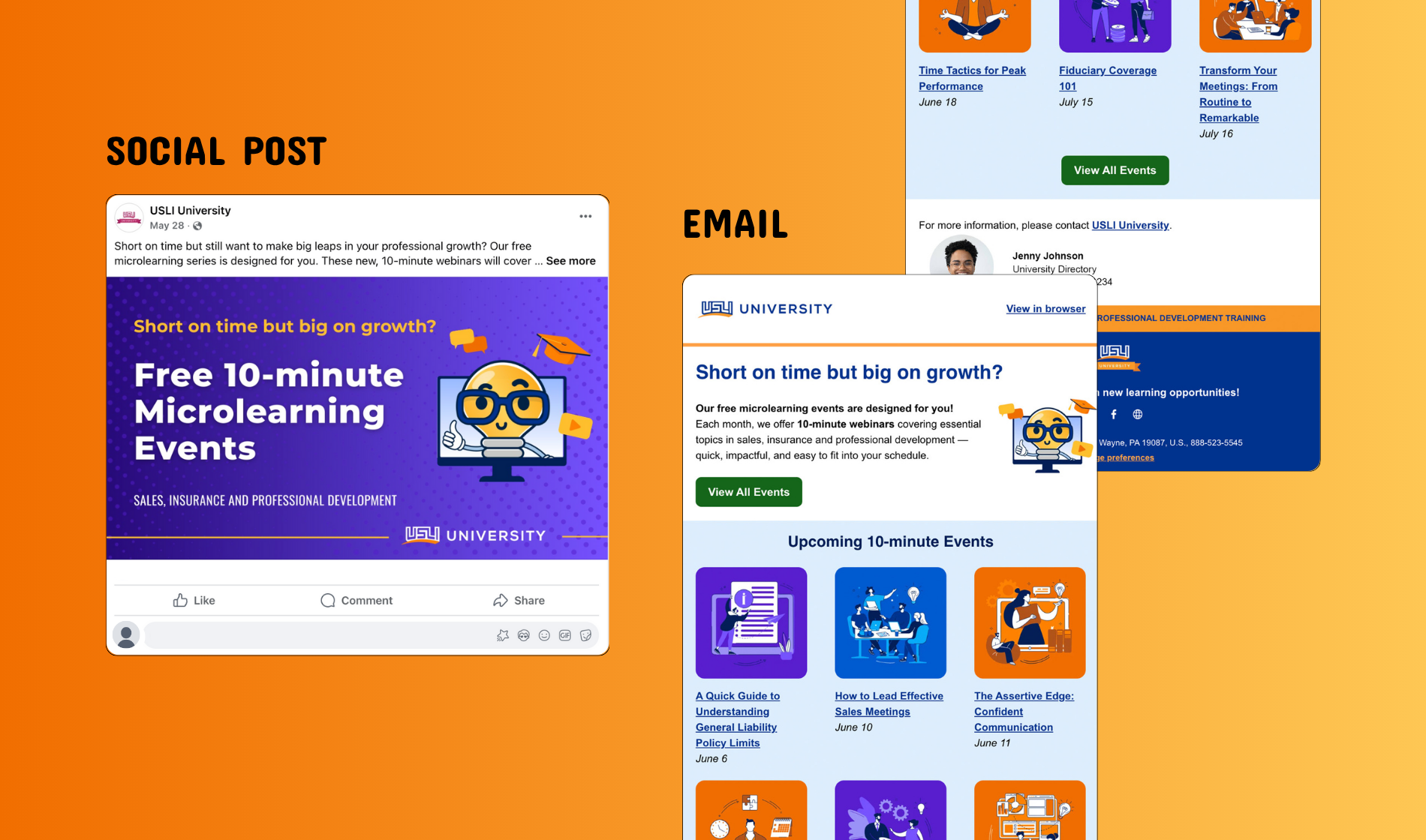 A digital collage featuring a social media post on the left, an email in the middle, and a website screenshot on the right. The social media post promotes free 10-minute microlearning events by USLI University. The email provides details about the events, emphasizing their focus on sales, insurance, and professional development, with a call to action to view all events. The website screenshot displays upcoming microlearning sessions, including topics like understanding general liability policies, leading effective sales meetings, and confident communication.