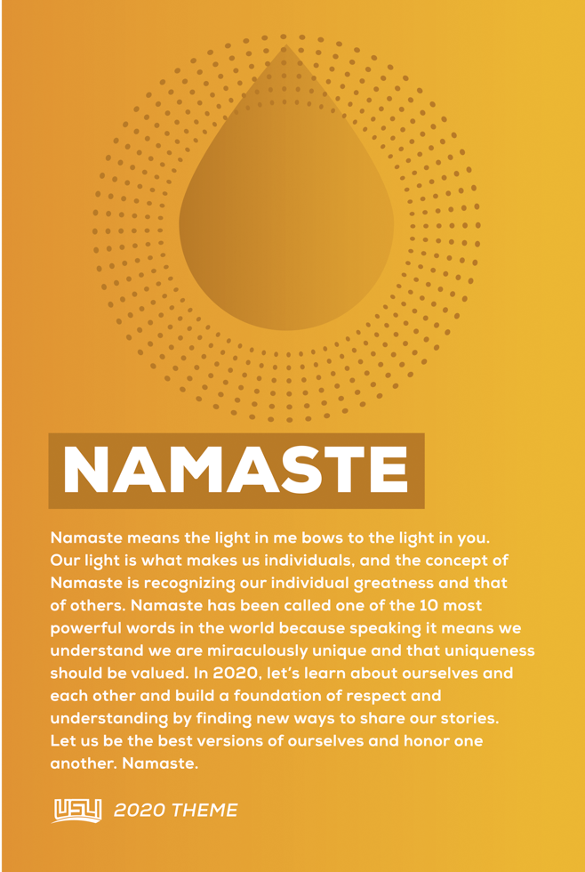 A large orange background with a stylized droplet design in the center, surrounded by dotted patterns. The word 'NAMASTE' is prominently displayed in bold white letters inside a brown rectangle. Below, there is a paragraph explaining the meaning of Namaste and its significance.