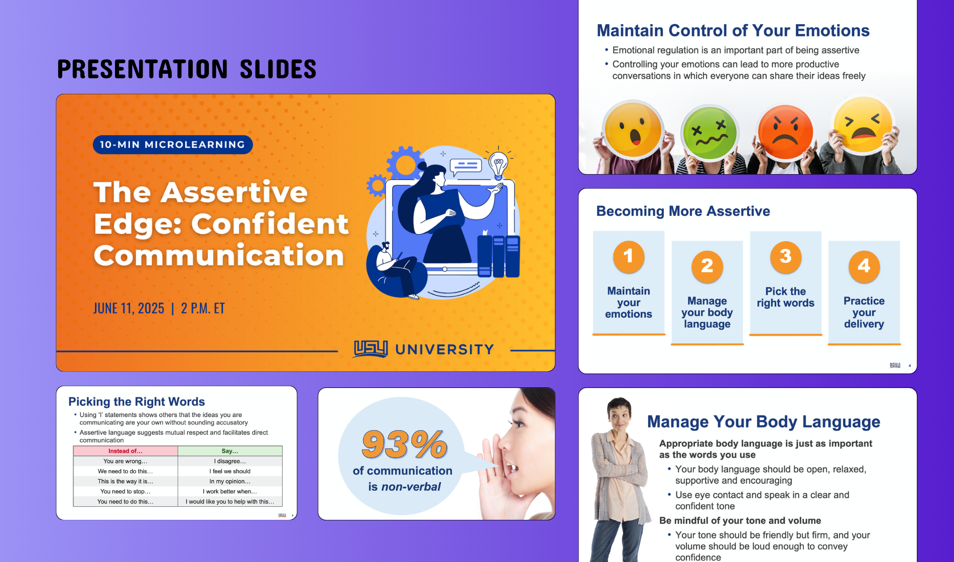 Presentation slide layouts for a microlearning webinar titled "The Assertive Edge: Confident Communication," displayed with supporting slides covering emotional regulation, assertiveness steps, word choice, and body language tips.