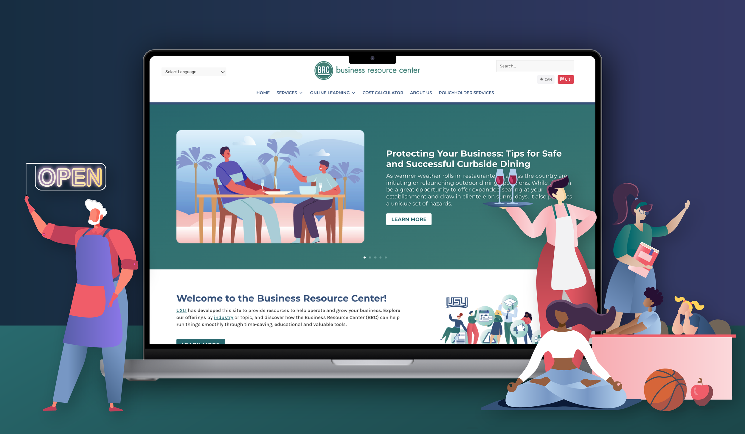 Digital illustration of a laptop displaying a business resource center website. The scene includes diverse characters: a person holding an 'Open' sign, a woman with a book, a woman doing yoga with a basketball and apple nearby, and a waitress serving wine, all set against a social media style background.