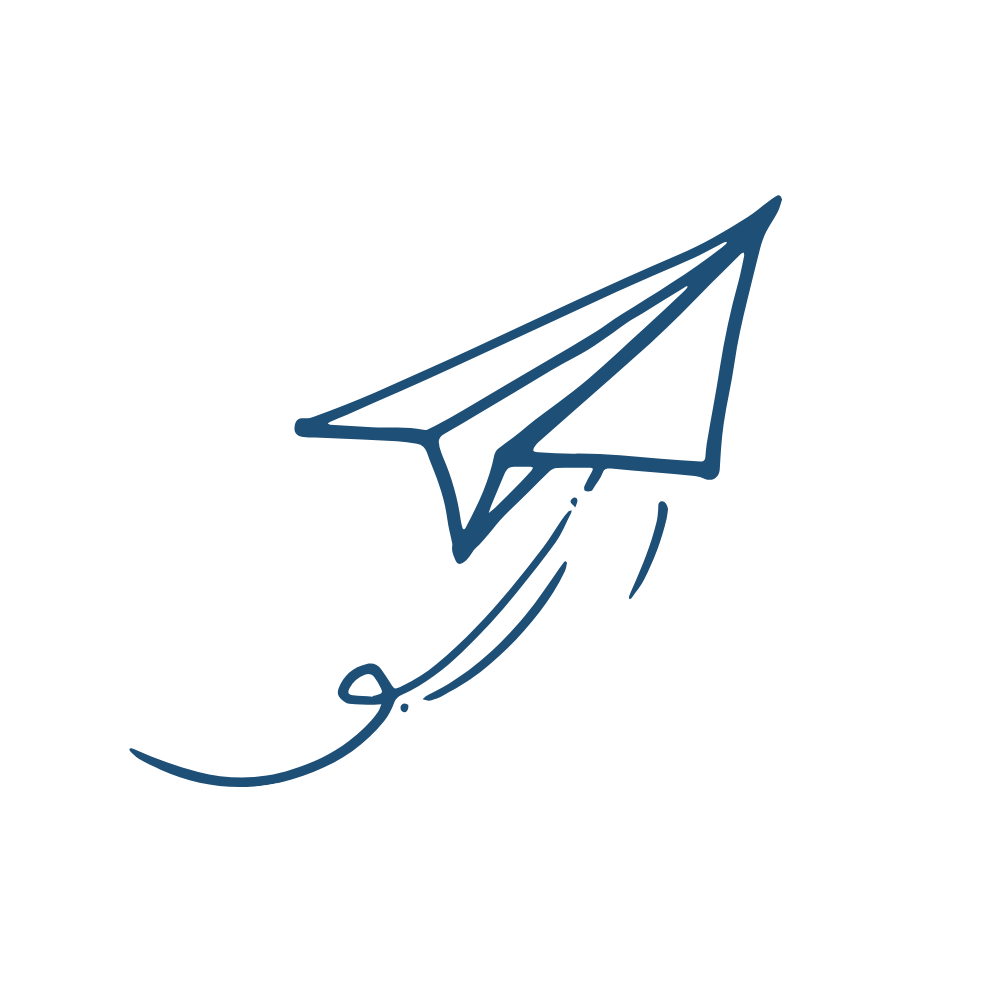 Hand-drawn blue paper airplane graphic with trailing line.