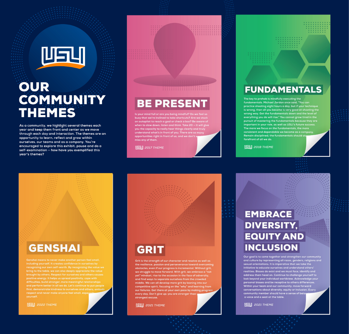 Magnetic canvas board displaying five community theme iron sheet posters in bold colors, each with abstract shapes and text titles including Be Present, Fundamentals, Genshai, Grit, and Embrace Diversity, Equity and Inclusion.