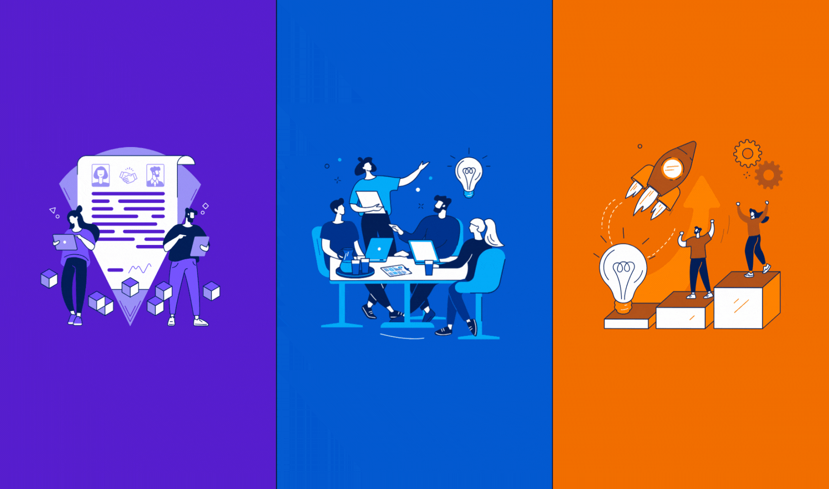 Animated graphic cycling through three thematic microlearning illustrations using purple, blue, and orange backgrounds with characters collaborating, presenting, and launching creative ideas.