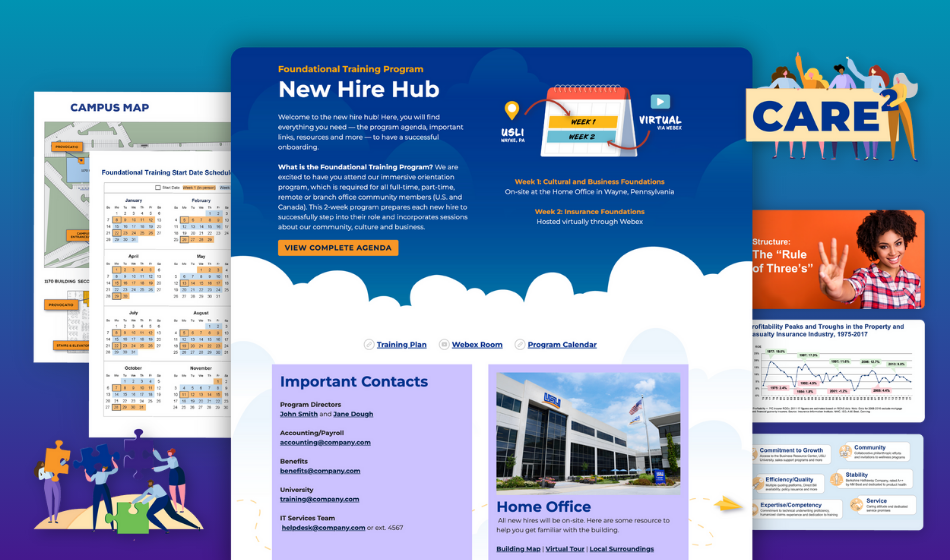 Multiple digital presentation slides with information about a training program, campus map, important contacts, and insurance industry data.
