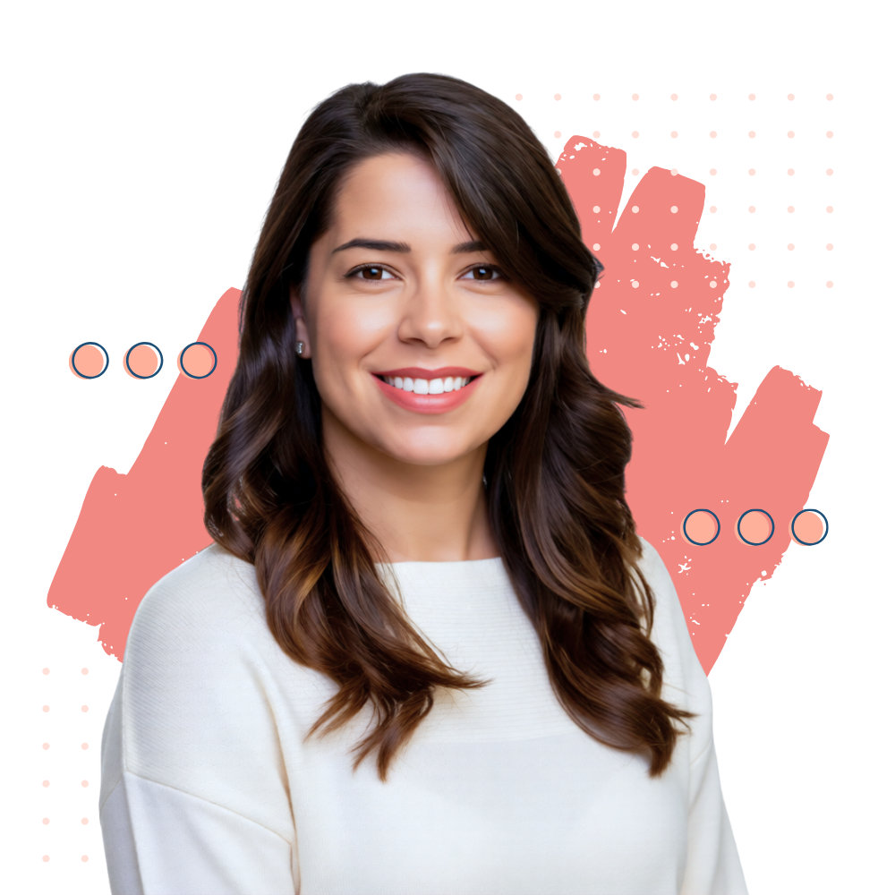 Portrait of a Samantha, a smiling woman with dark wavy hair against a coral paint-stroke graphic background.