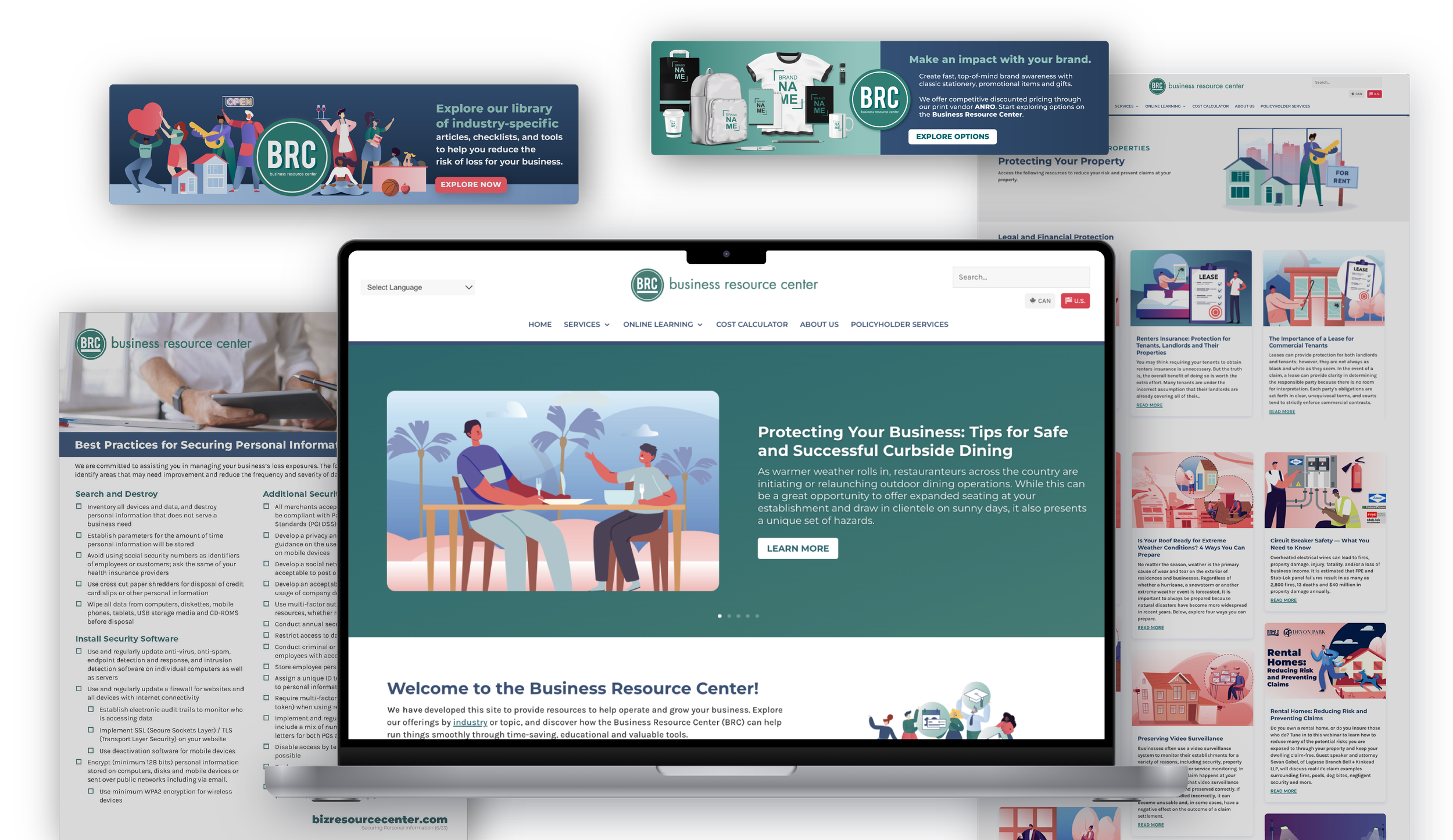Business Resource Center website hero graphics and promotional banners displayed across multiple screens.