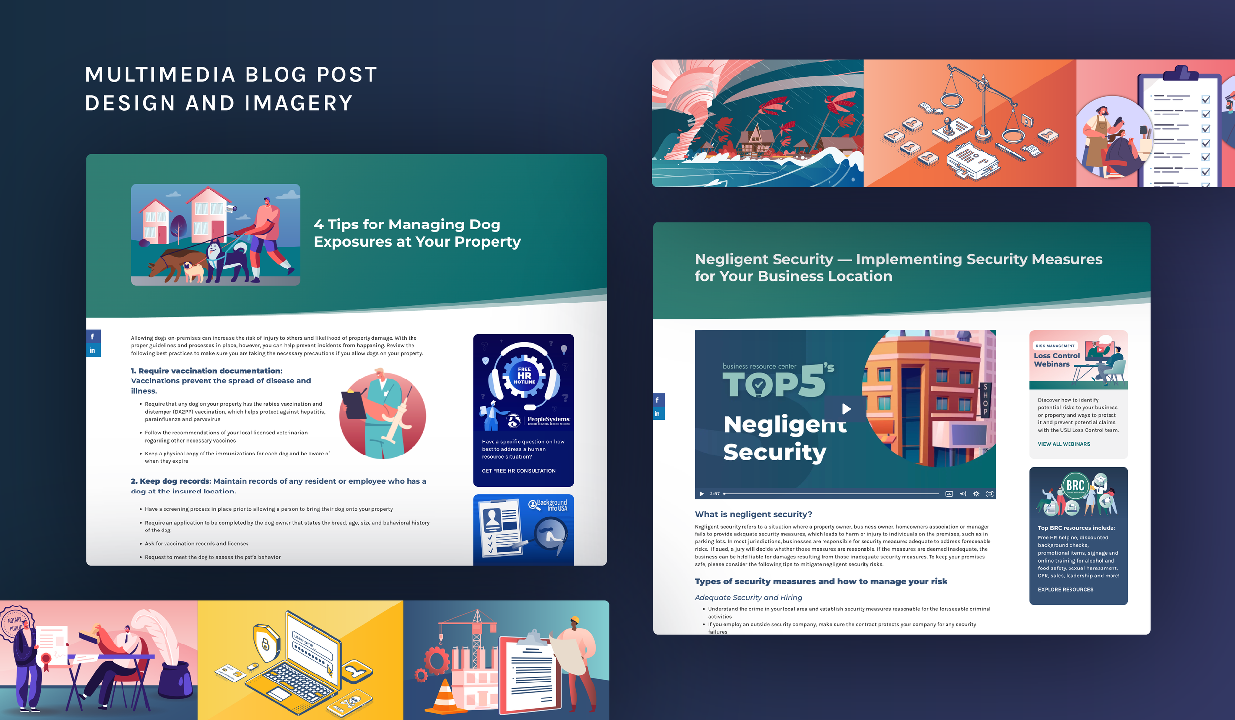 Blog post layout designs featuring illustrated headers and resource articles for business owners.