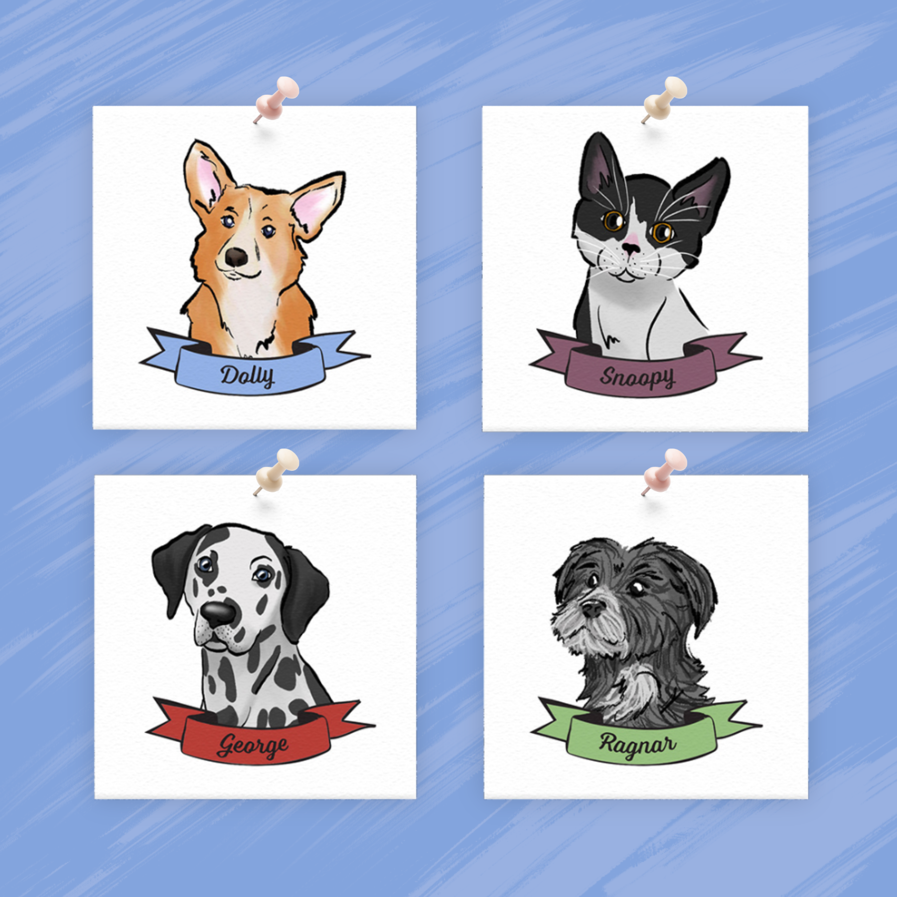 Set of four illustrated pet portraits pinned to a blue background: a corgi named Dolly, a black-and-white cat named Snoopy, a Dalmatian named George, and a shaggy black dog named Ragnar.