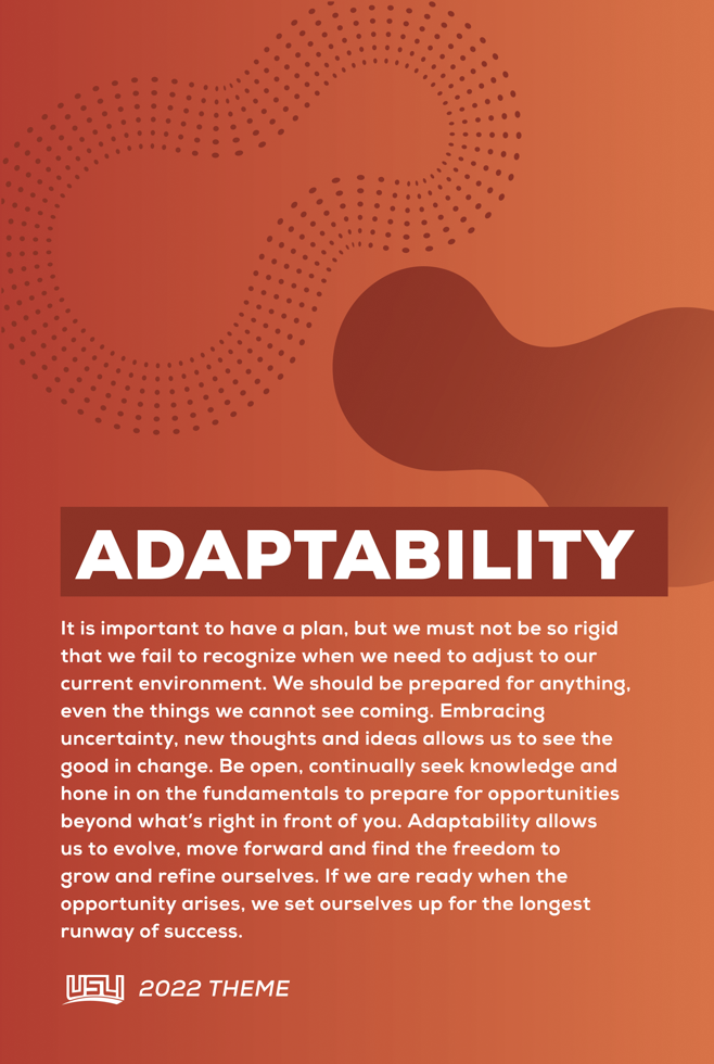 A red-orange background with dotted circular patterns and the word 'ADAPTABILITY' in bold white text. Below is a paragraph about the importance of adaptability and embracing change, along with a logo, the year 2022, and the theme.