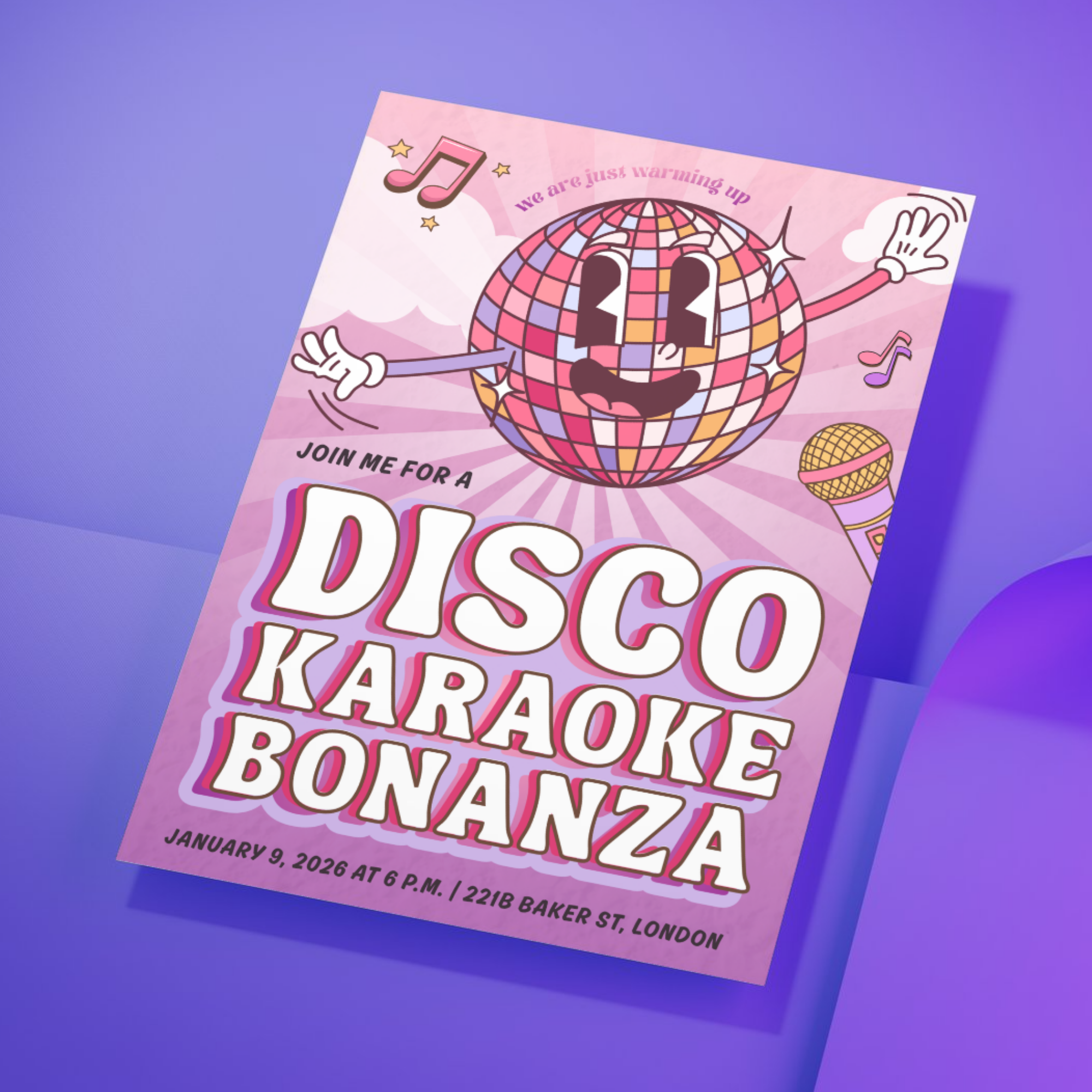 Retro-inspired karaoke event invitation featuring playful illustration, bold display typography, and vibrant disco energy.