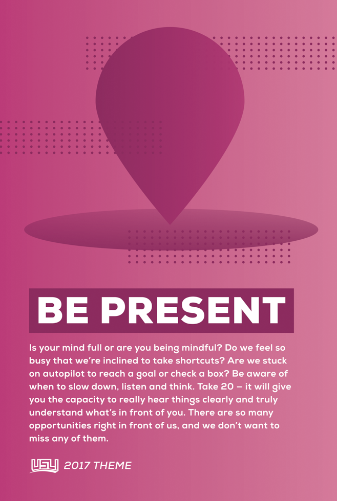 Pink background with a large location pin icon and shadow, and text emphasizing the importance of the theme "Be Present".