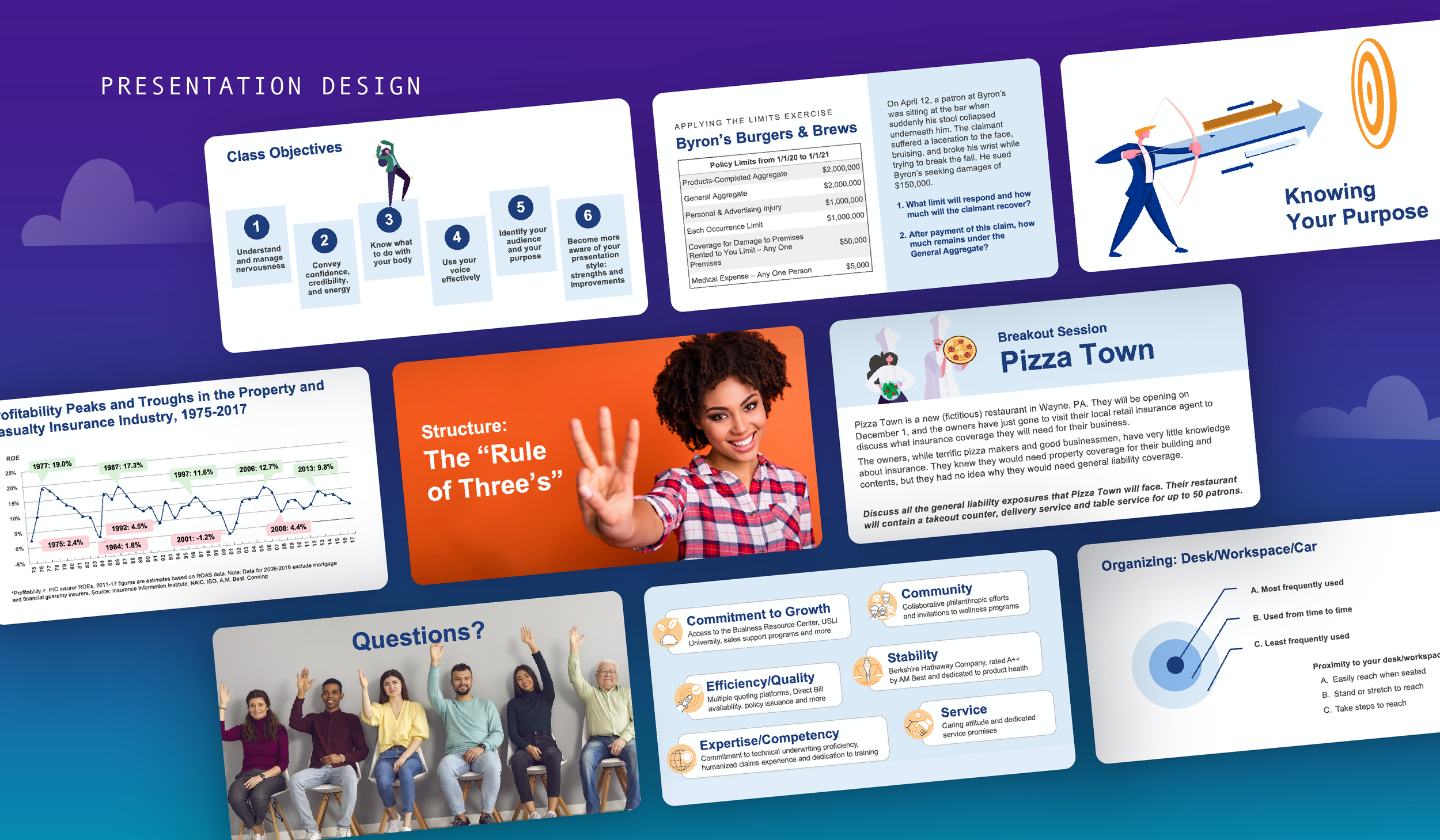 Collage of presentation slides showing objectives, policy examples, values, graphs, and breakout content, displayed on a purple-blue gradient labeled “Presentation Design.”