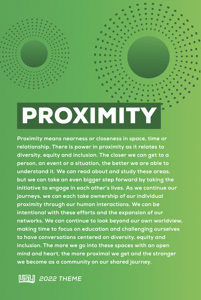 Green background with circular dotted patterns and white text discussing the concept of proximity, its significance in space, time, and relationships, and emphasizing diversity, equity, and inclusion. 