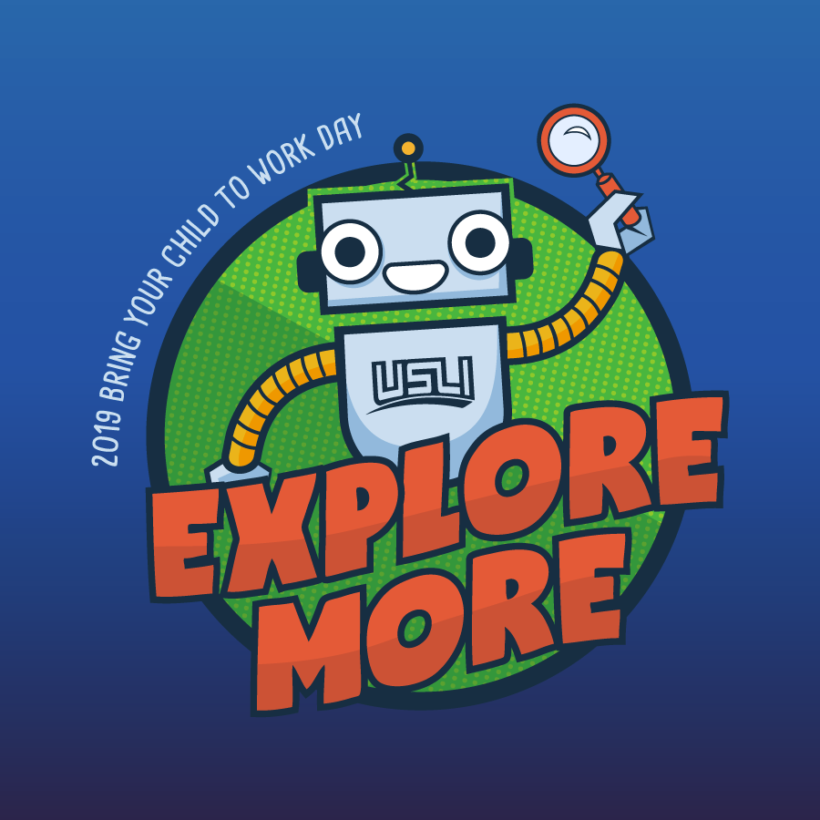 Bring Your Child To Work Day 2019 Logo: Playful robot mascot with magnifying glass and “USLI” on chest above bold text “EXPLORE MORE.” Bright green and blue circular background, child-friendly event design.