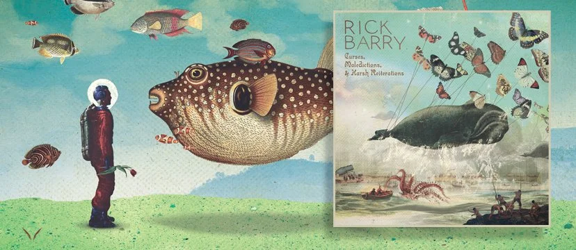A surreal digital collage features a person in a space suit standing on green grass, giant fish swimming in the sky, butterflies surrounding a whale, and a book titled 'Rick Barry - Cures, Melodictions, & Karsh Reiterations' with a whale and butterfl