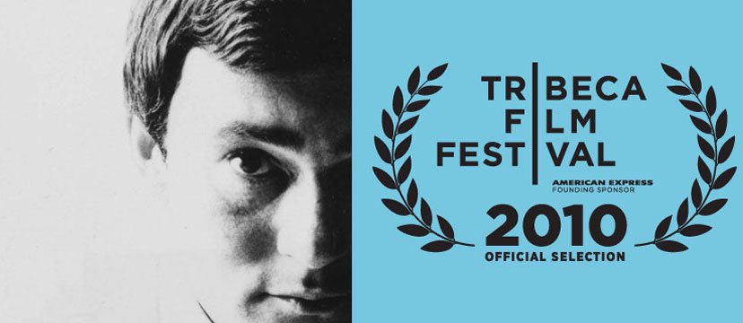 Black and white photo of a young woman with short hair next to a blue graphic design promoting the 2010 Tribeca Film Festival, sponsored by American Express, with a laurel wreath and the words 'Official Selection'.