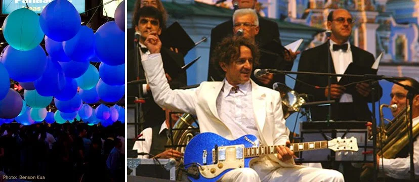 Side-by-side images: left shows blue and teal balloons at a crowded event, right features a jazz band performing on stage with one musician playing electric guitar and other members singing and playing instruments.