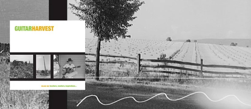 Black and white photo of a rural landscape with a fence, a tree, and fields in the distance. There is a colored overlay with the text 'GUITAR HARVEST' and images of a person playing guitar and a rural scene.