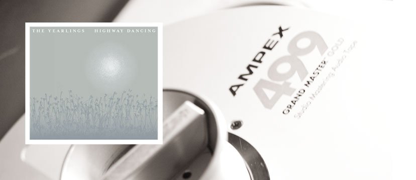 Close-up of a record player or turntable with a vinyl record labeled 'Ampex DX9' and a smaller album cover image in the top left corner showing the cover art for 'The Earlings - Highway Dancing.'