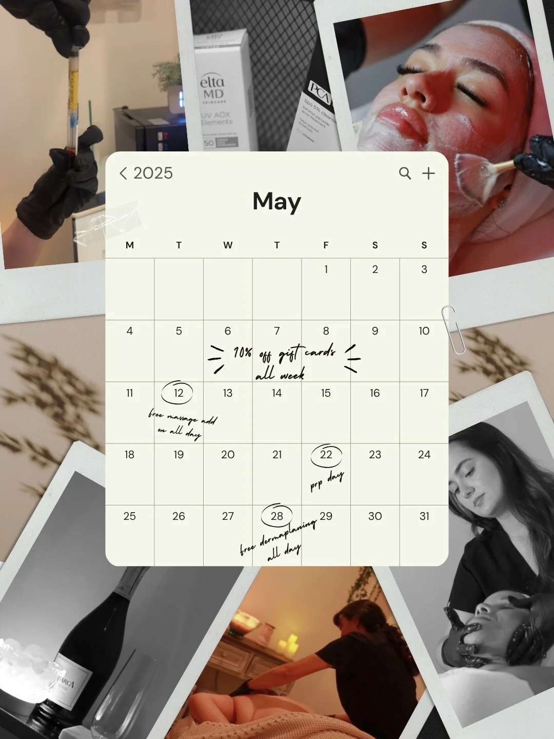 Welcoming May, &amp; we have lots of fun specials in store 💌

Trying something new with some pop specials through out the month + Swipe to view this months skin &amp; massage specials 🫧