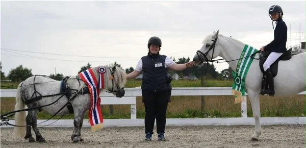  Beste bruksponni shetlandshingsten Sævelunds Capone NPA 9248, kusk Helene Salhus i midten, og Reserve beste bruksponni Connemaravallaken Pålands Elliot NPA 8665 med rytter Vilde Digernes. Foto: Casandra Nesvik 
