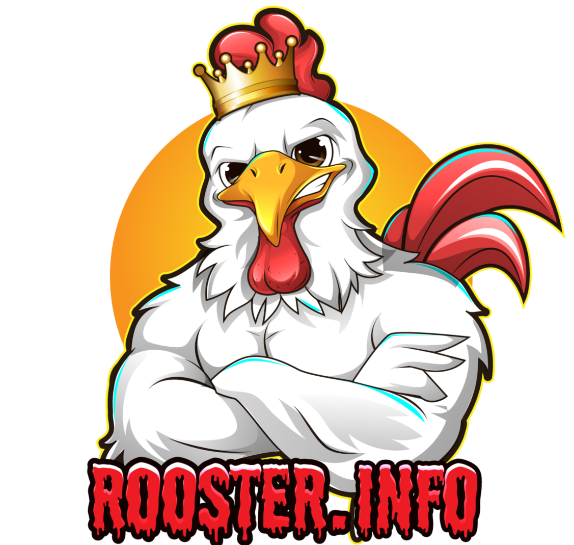 A cartoon rooster wearing a crown, with crossed arms, in front of a yellow circle, and the text "Rooster-Info" at the bottom.
