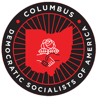 Logo of the Democratic Socialists of America with a red outline of Ohio, two hands shaking, and a rose in the center, encircled by the text 'Columbus Democratic Socialists of America'.