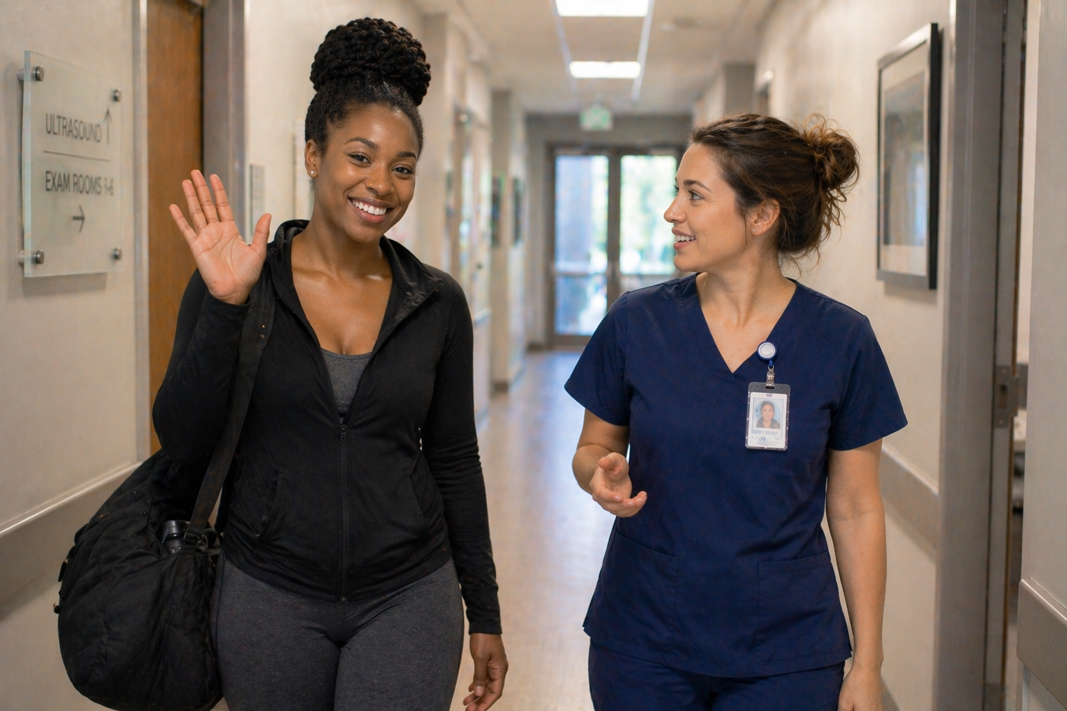 Surrogate Abby walking down the hall with Jennifer smiling at the clinic