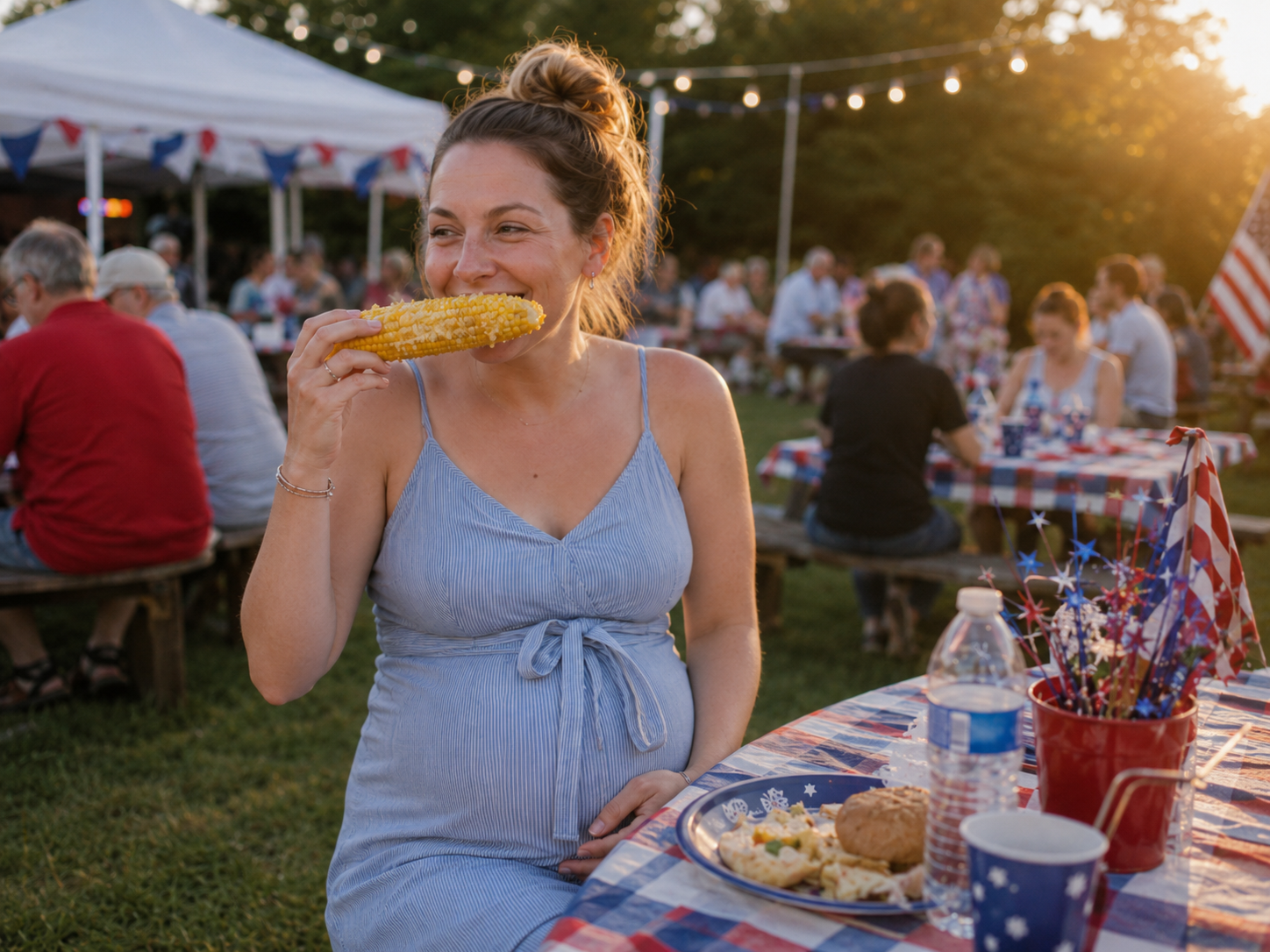 Pregnant surrogate Jessica smiling while eating corn on the cob at a Fourth of July picnic